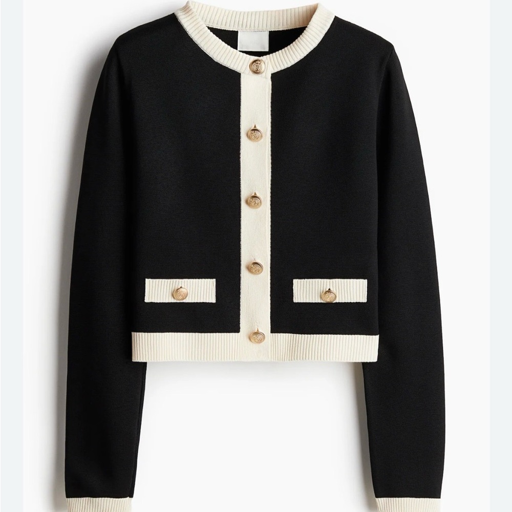 H&M Black and Cream Classic Cropped Cardigan with Gold Buttons Medium Preppy